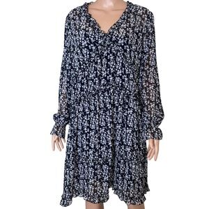 Express Black/white dress Ribbed in center ruffled neck floral print SZ LG